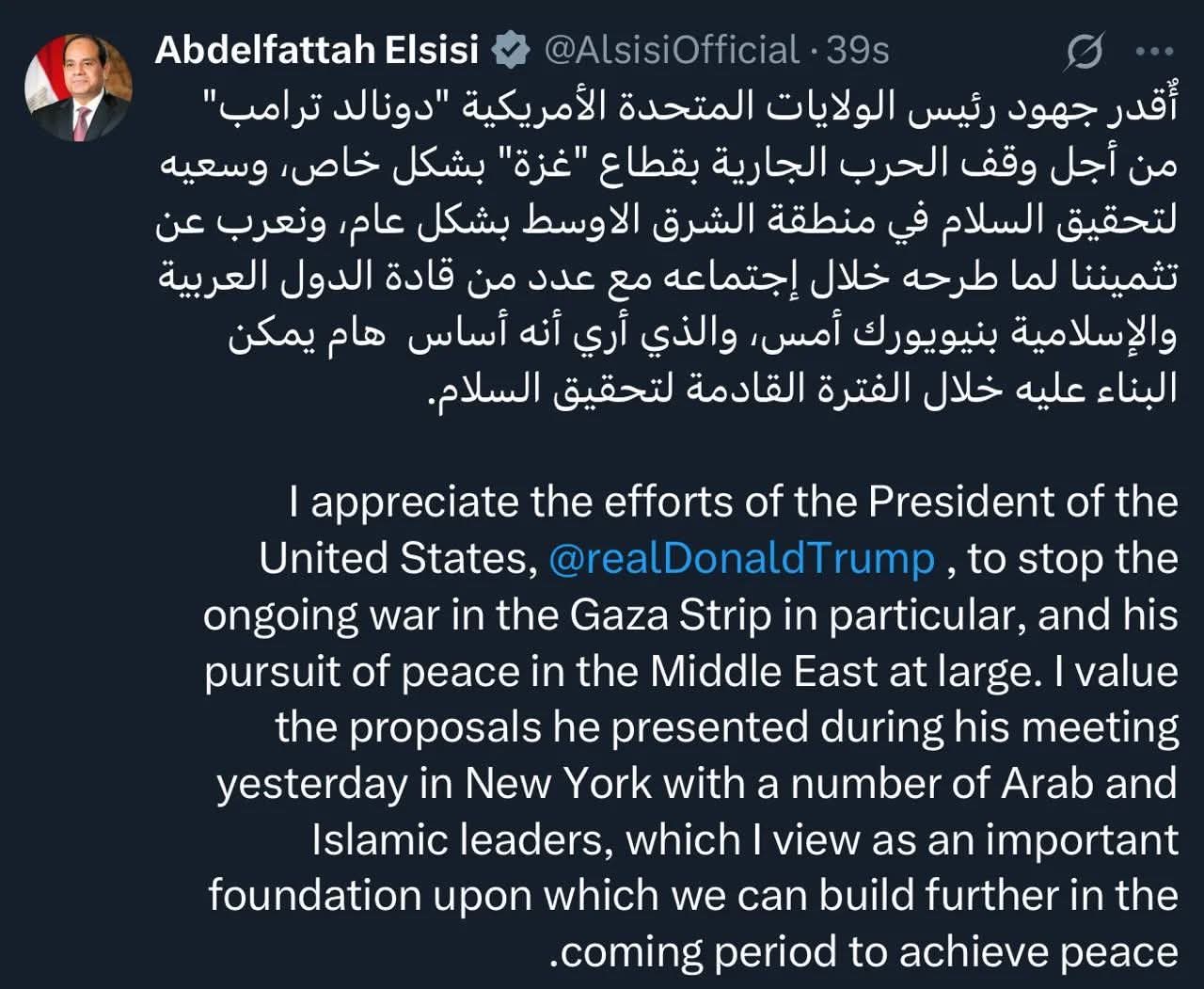 الرئيس السيسي: أقدر جهود ترامب لوقف الحرب فى غزة وتحقيق السلام بالشرق الأوسط